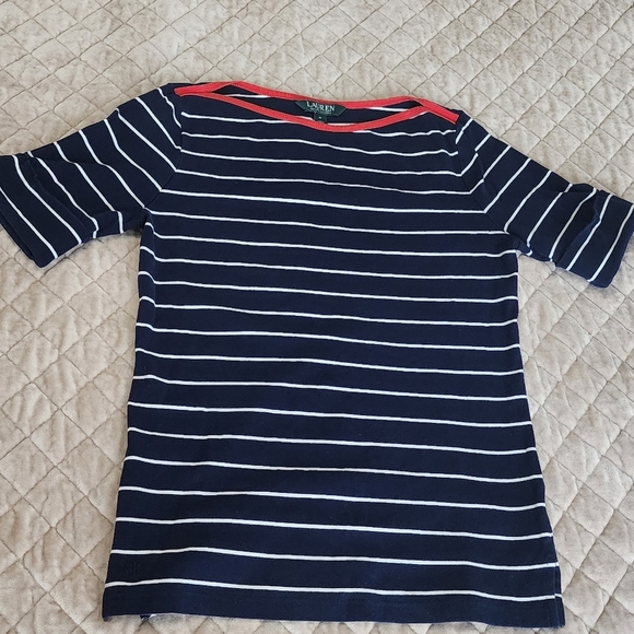 Polo Ralph Lauren Navy and White Striped Tee with Red Trim - Picture 3 of 3